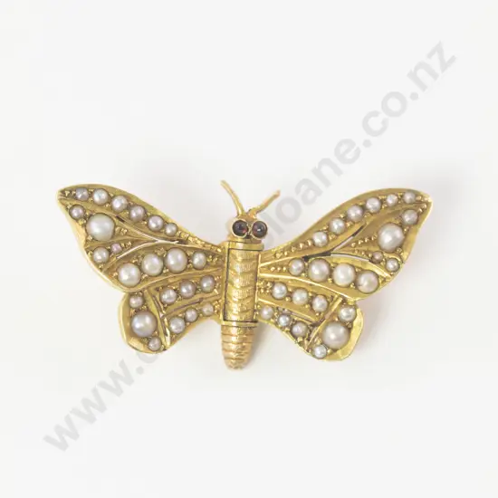 Victorian 15ct Garnet and Seed Pearl Butterfly Brooch