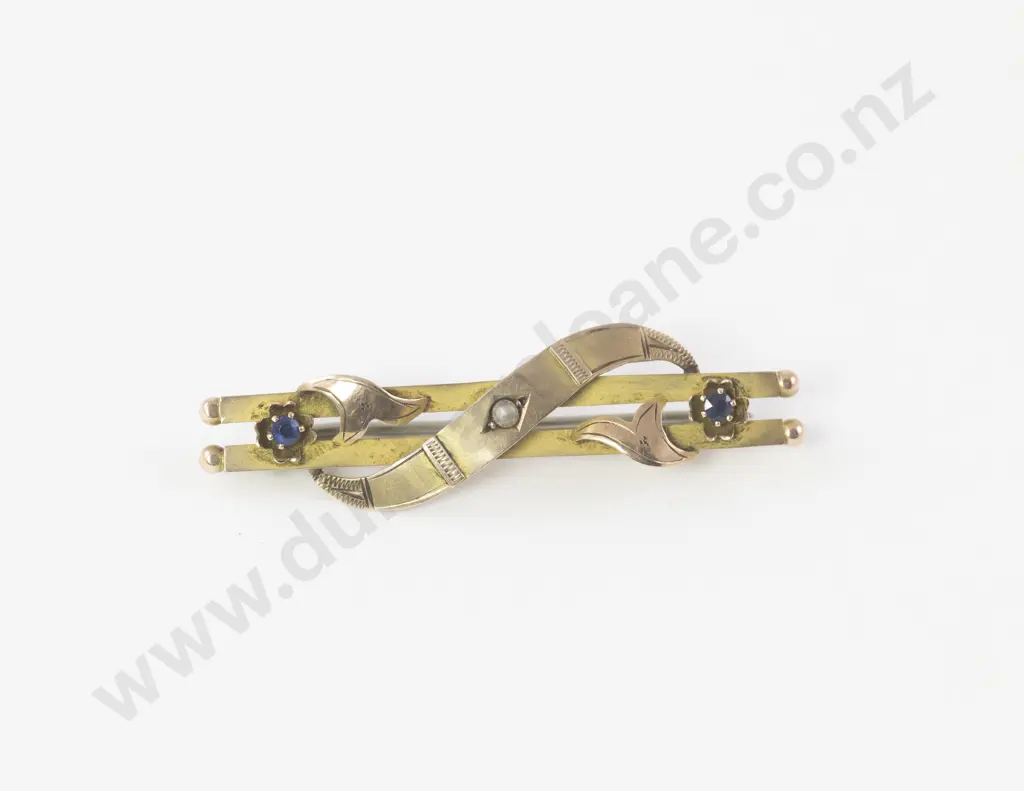 Victorian 9ct Three Stone Sapphire and Half Pearl Double Bar Brooch Image 1++
