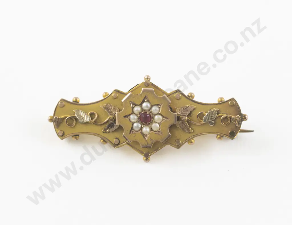 Victorian 9ct Seed Pearl and Garnet Bar Brooch Image 1++