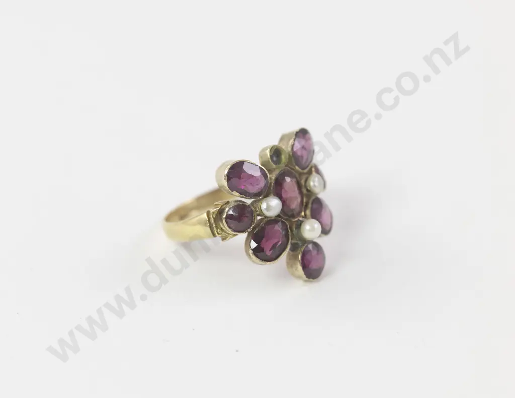 Victorian 14ct Eleven Stone Garnet and Seed Pearl Floret Cluster Image 1++