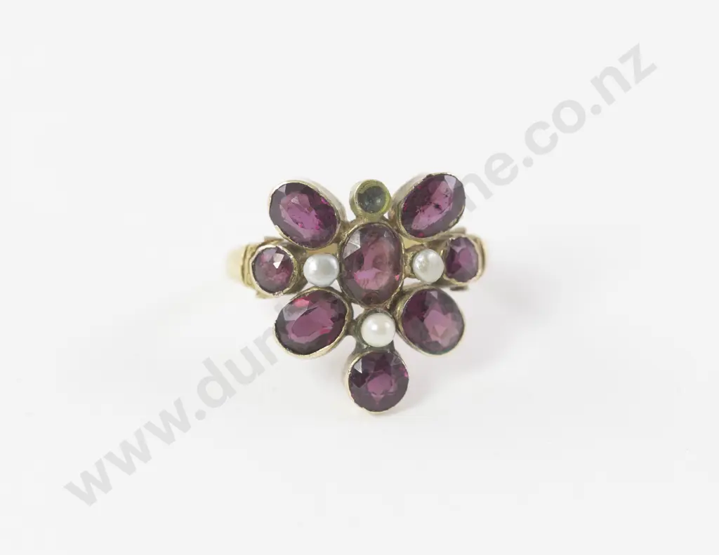 Victorian 14ct Eleven Stone Garnet and Seed Pearl Floret Cluster Image 1++