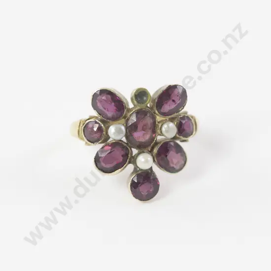 Victorian 14ct Eleven Stone Garnet and Seed Pearl Floret Cluster