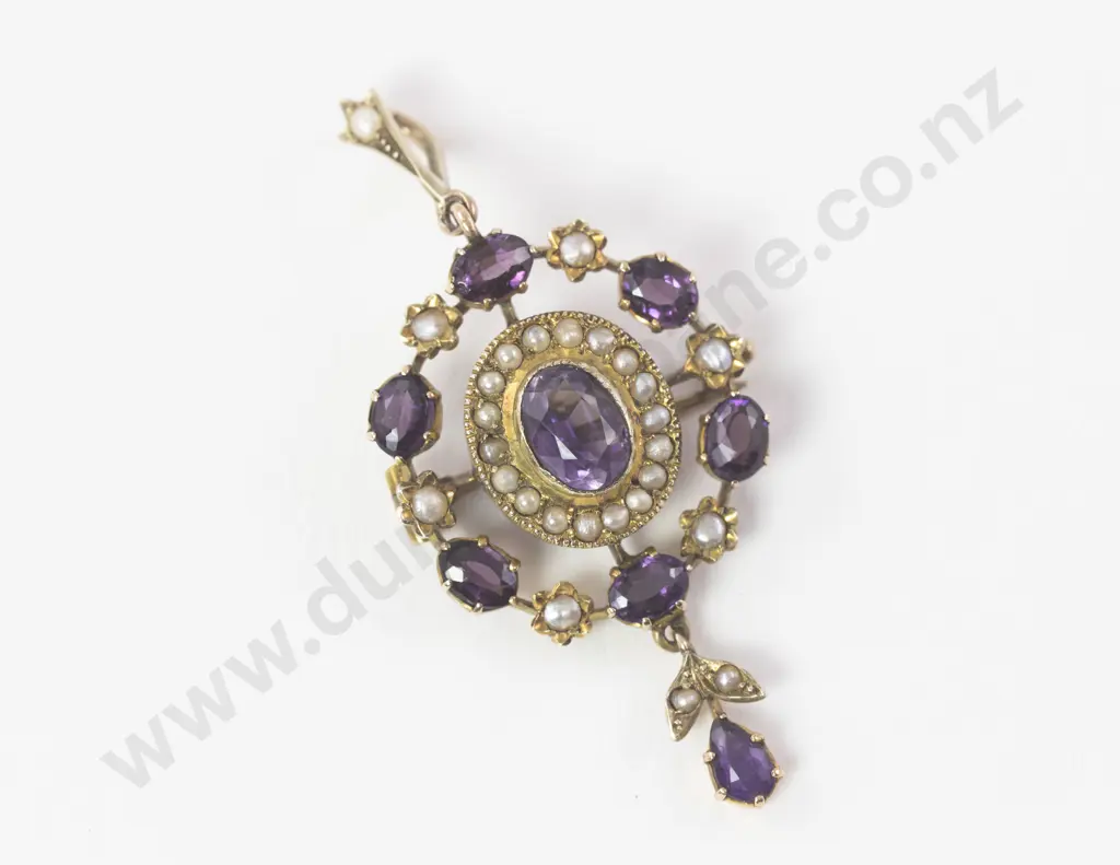 Edwardian 9ct Amethyst and Pearl Pendant/Brooch Image 1++