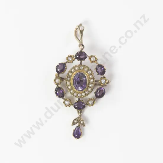 Edwardian 9ct Amethyst and Pearl Pendant/Brooch