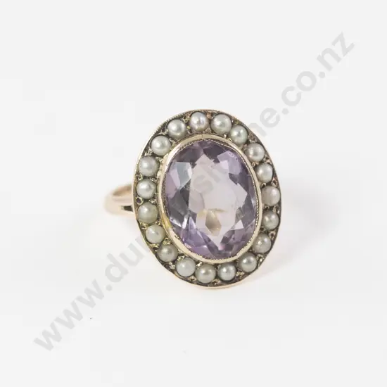 Victorian 9ct Single Amethyst and Pearl Cluster Ring