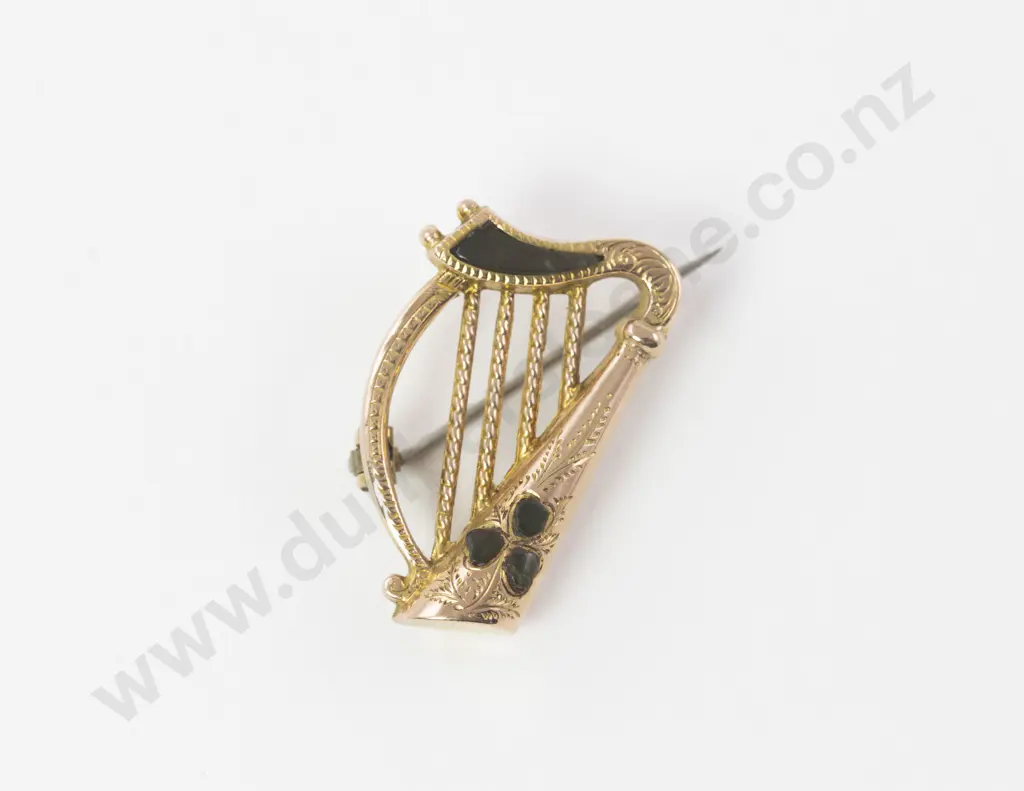 Victorian 9ct Irish Lyre Harp Brooch Image 1++