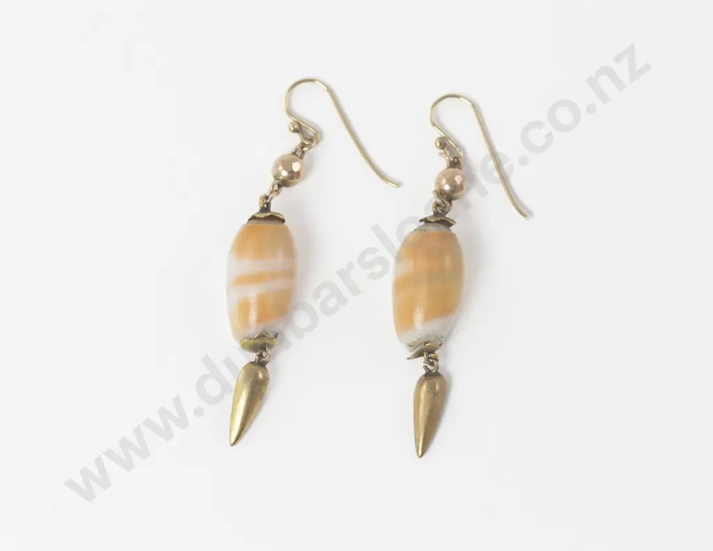 Pair Victorian 15ct Shell Pendant Drop Earrings Image 1++