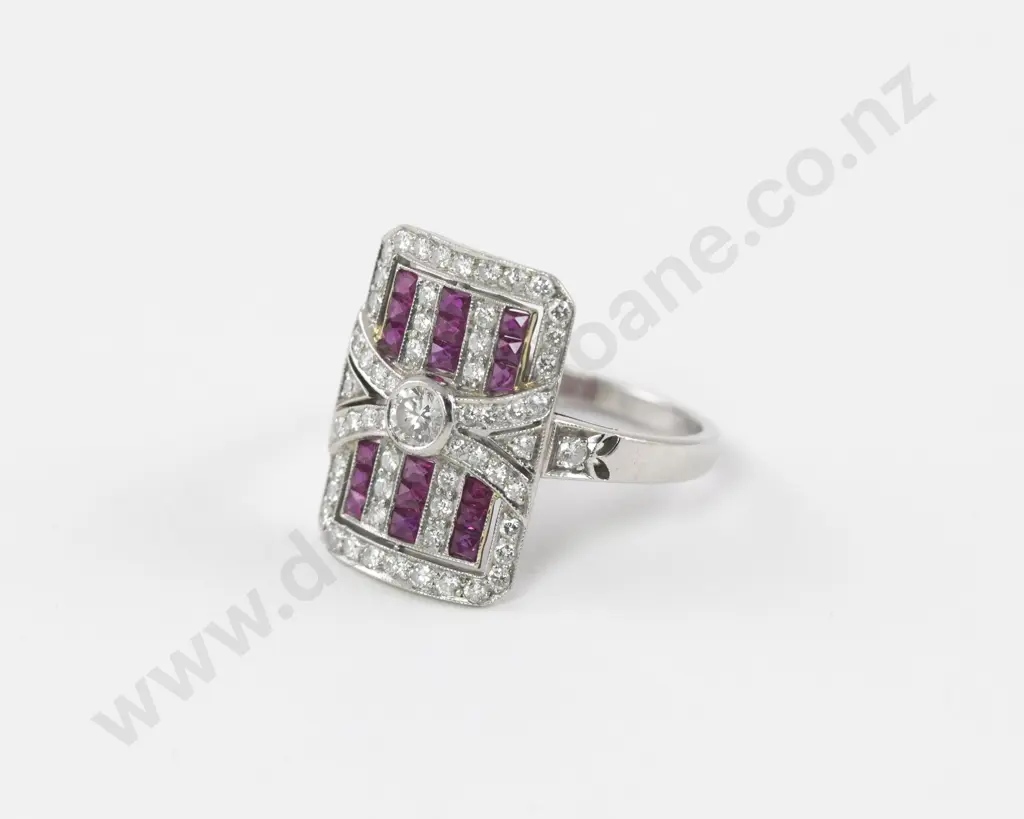 All Platinum Art Deco Style 71Stone Diamond and Ruby Cluster Ring Image 1++