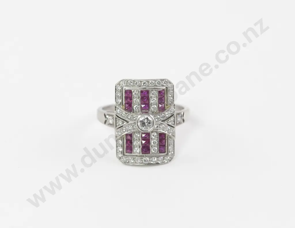 All Platinum Art Deco Style 71Stone Diamond and Ruby Cluster Ring Image 1++