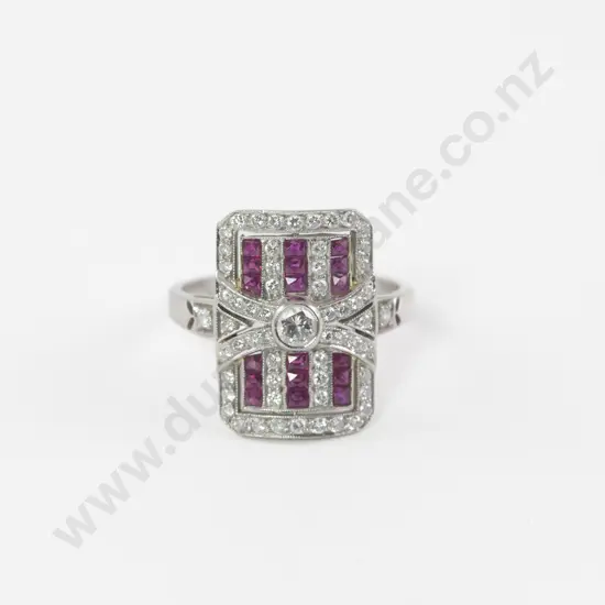 All Platinum Art Deco Style 71Stone Diamond and Ruby Cluster Ring