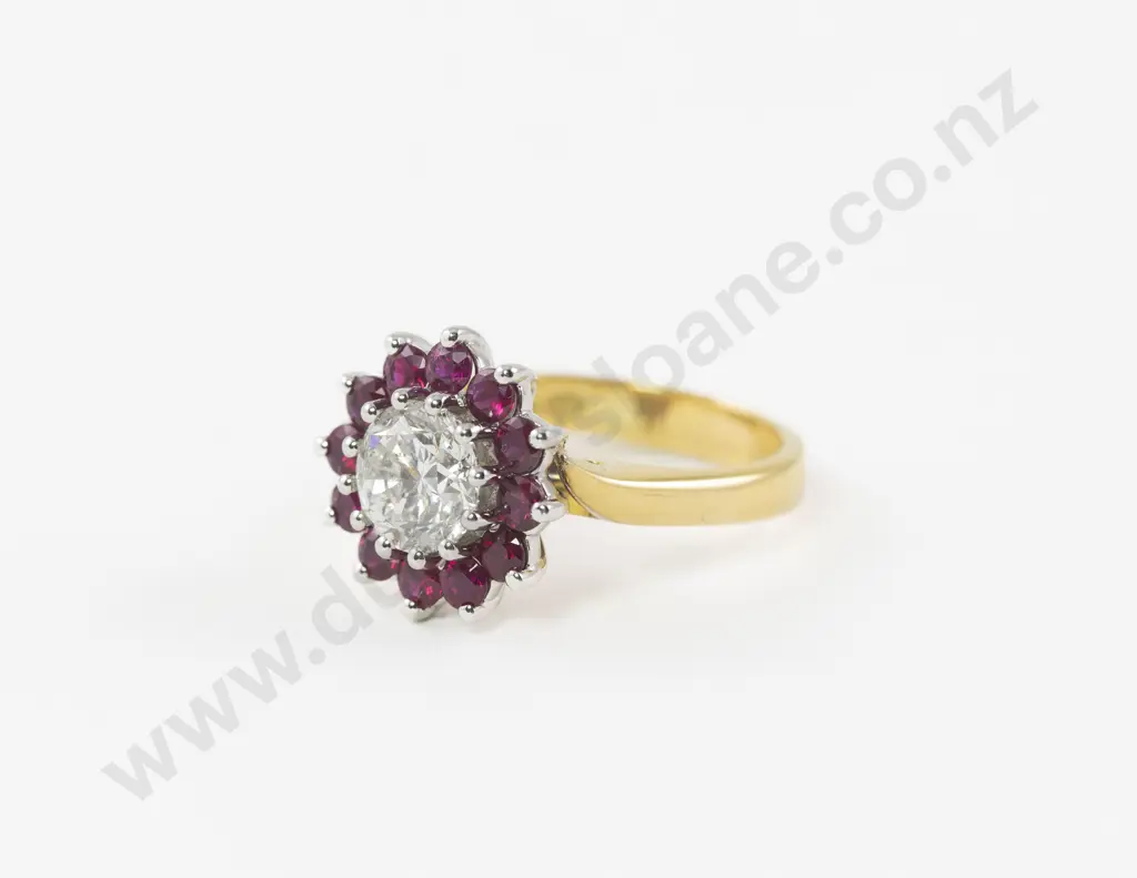 18ct 13stone Diamond and Ruby Cluster Ring Image 1++