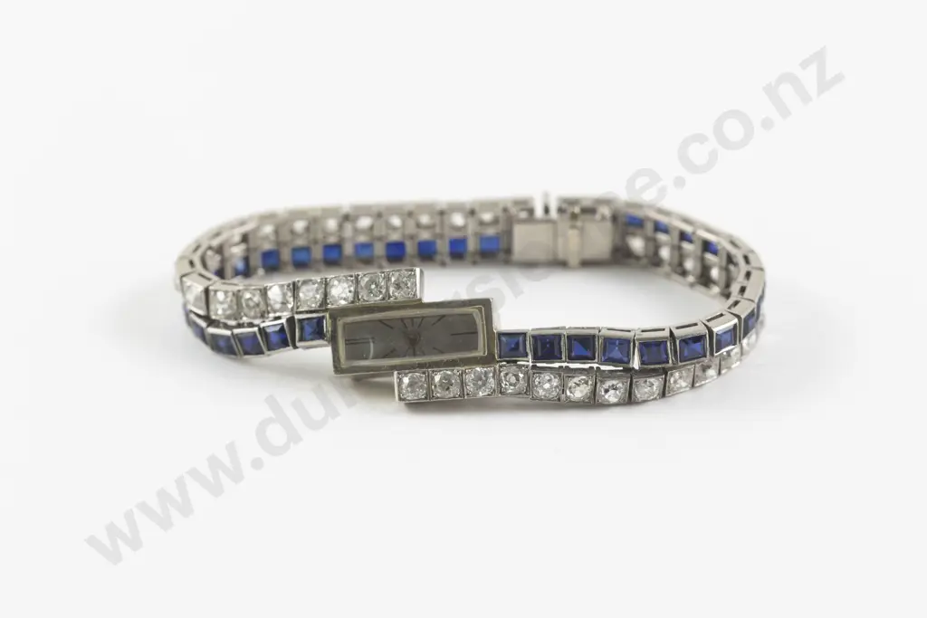 All Platinum Art Deco Ladies Diamond & Sapphire Wrist Watch Image 1++