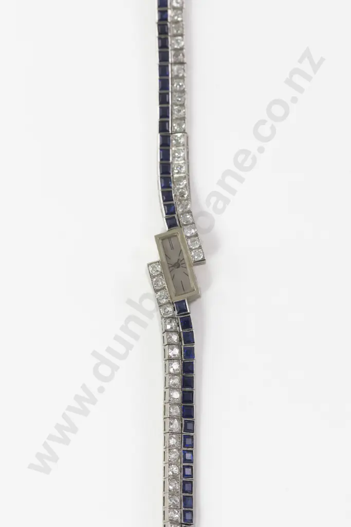All Platinum Art Deco Ladies Diamond & Sapphire Wrist Watch Image 1++
