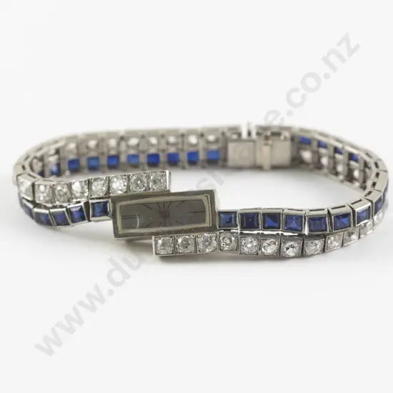 All Platinum Art Deco Ladies Diamond & Sapphire Wrist Watch