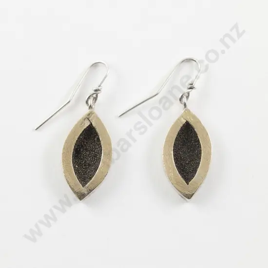 NZ Jeweller Koji Miyazaki Pair 9ct Framed S/S Leaf Pendant Drop Earrings