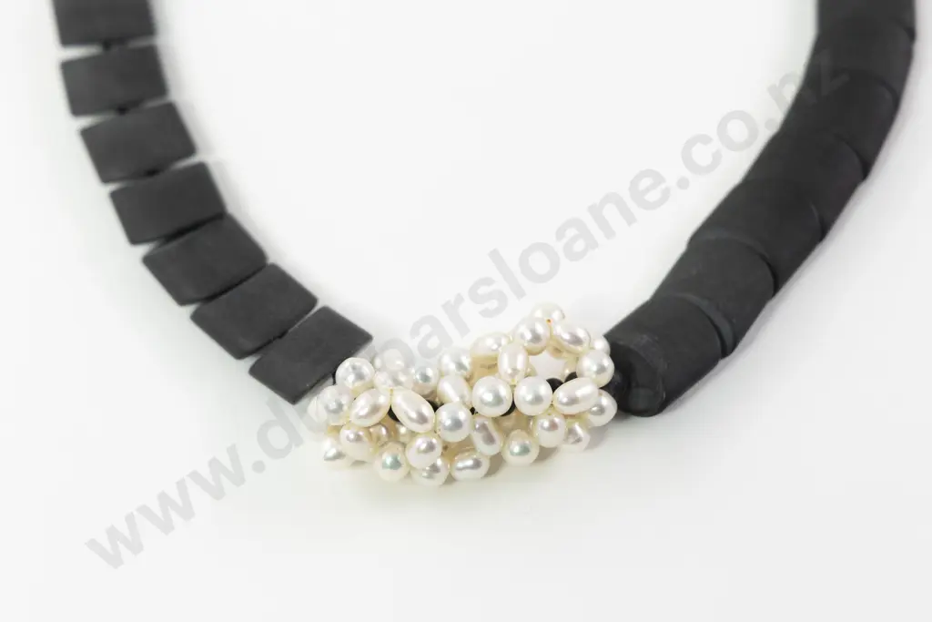 NZ Joanna Salmond Onyx and Freshwater Pearl Cluster Necklace Image 1++