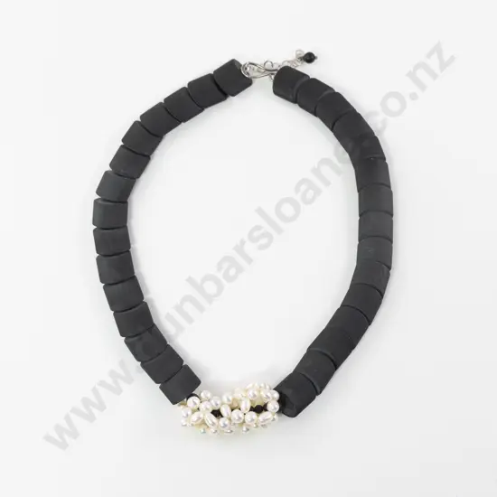 NZ Joanna Salmond Onyx and Freshwater Pearl Cluster Necklace