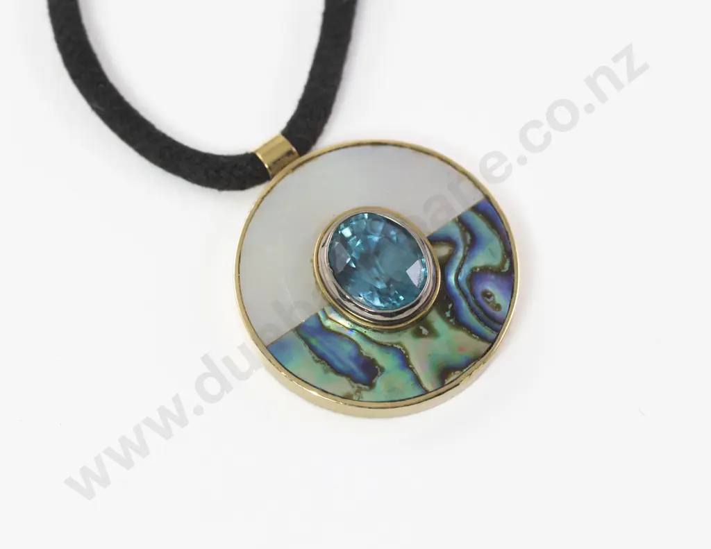 The Village Goldsmith 18ct Zircon MOP and Paua Circular Disc Pendant Image 1++