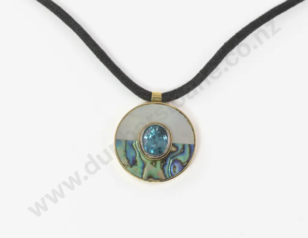 The Village Goldsmith 18ct Zircon MOP and Paua Circular Disc Pendant Image 1++