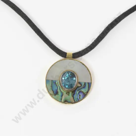 The Village Goldsmith 18ct Zircon MOP and Paua Circular Disc Pendant