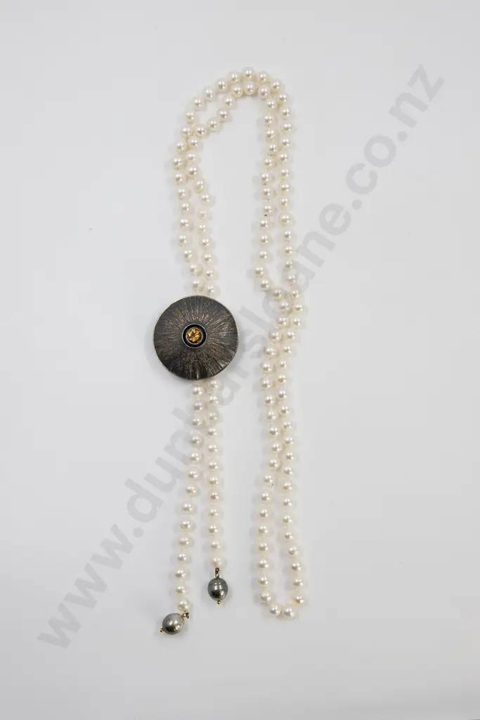 NZ Jeweller Chris Idour of Dunedin Single Strand Uniform Cultured Semi-Sautoir Pearl Necklace Image 1++