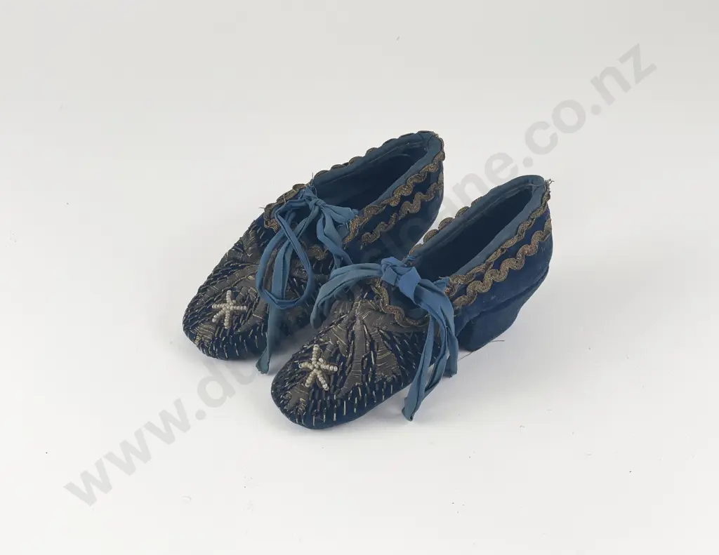 Pair C19th (French) Infants Embroidered Blue Velvet Heeled Lace Up Shoes Image 1++