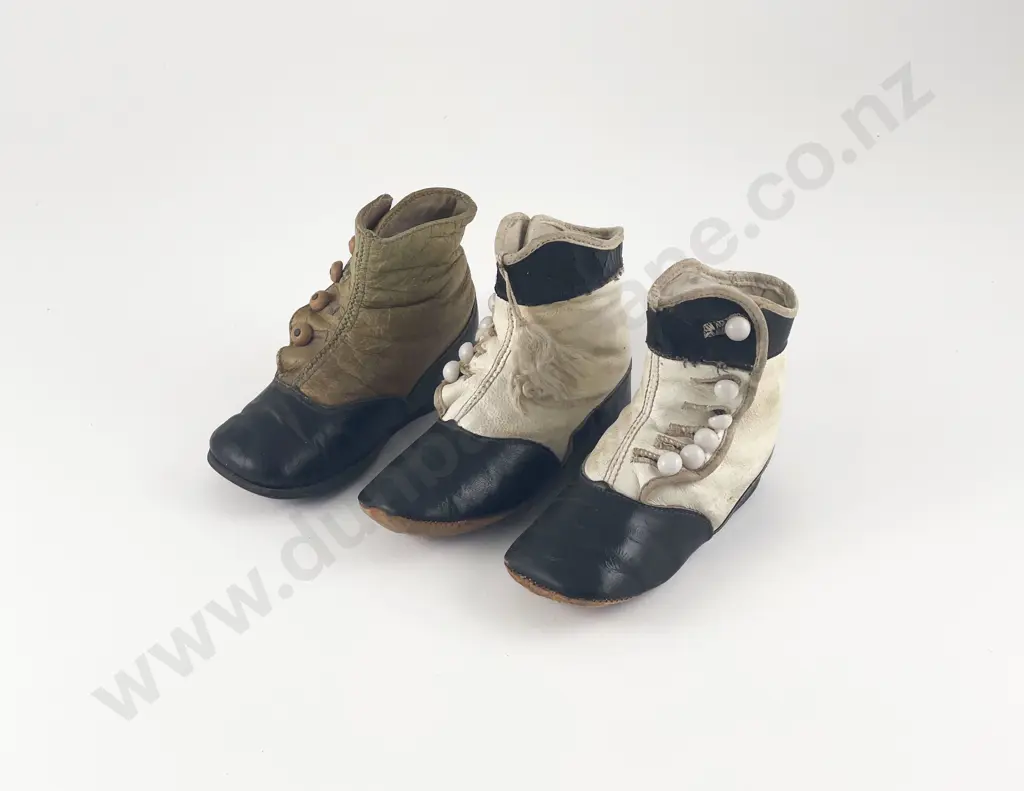 Pair Late Victorian Infants High Top Black & White Leather Button Up Shoes and one odd Image 1++