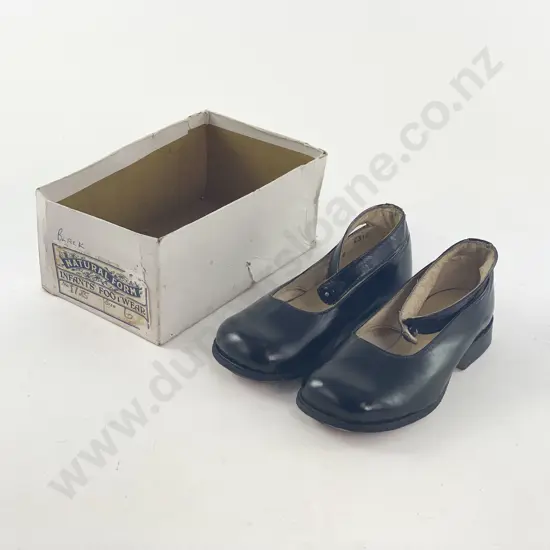 C1930's Original Boxed Young Child Black Leather Single Strap Button Shoes