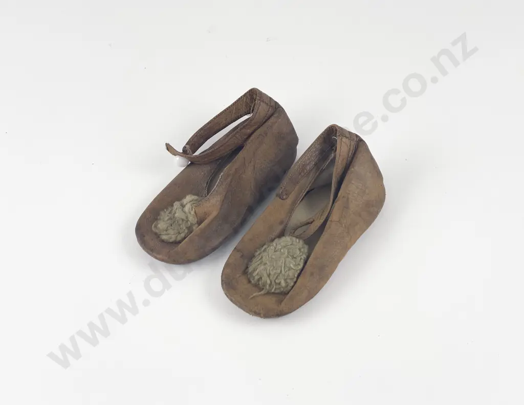 Pair Vintage Doll Leather Single Strap and Button Shoes Image 1++