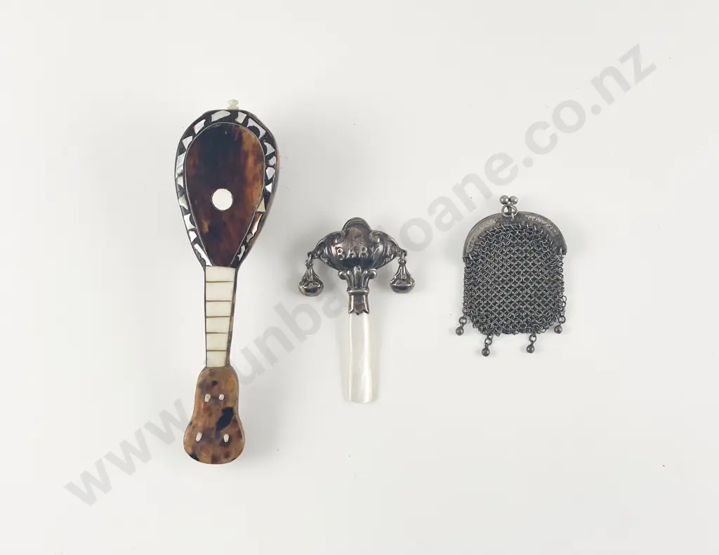 Mixed Lot - .925 Babies Rattle with Mesh Coin Purse and Tortoise Shell Instrument Image 1++