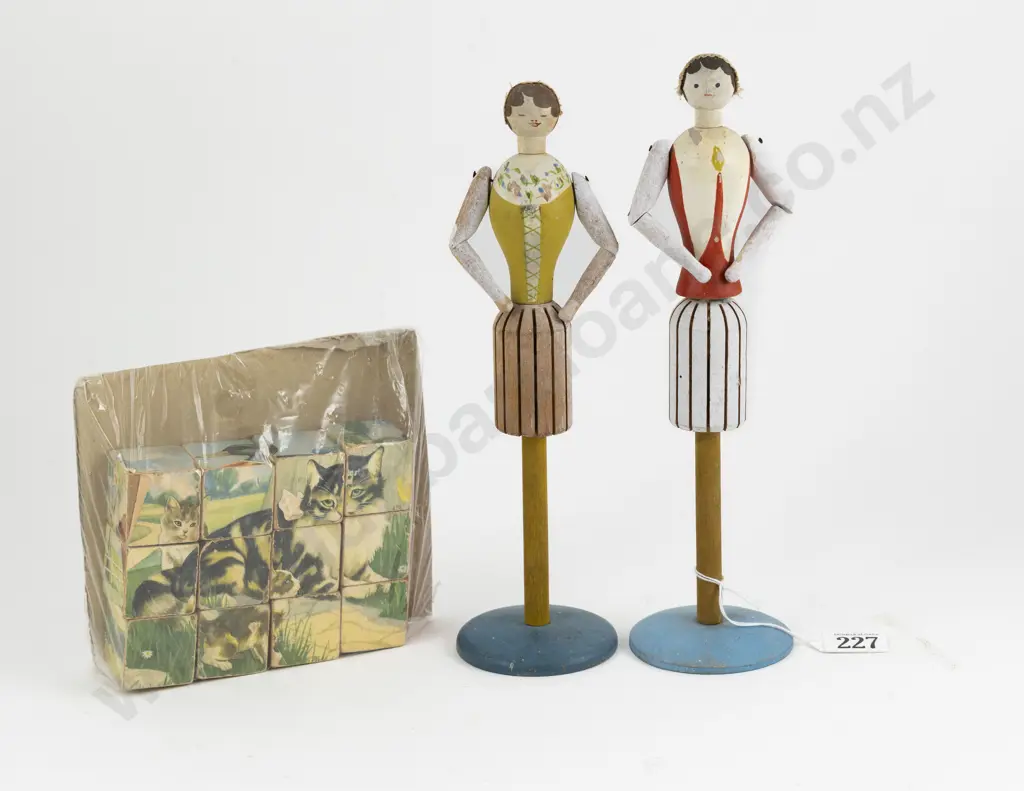 Two Wooden Fortune Telling Doll Stands and Set Blocks Image 1++