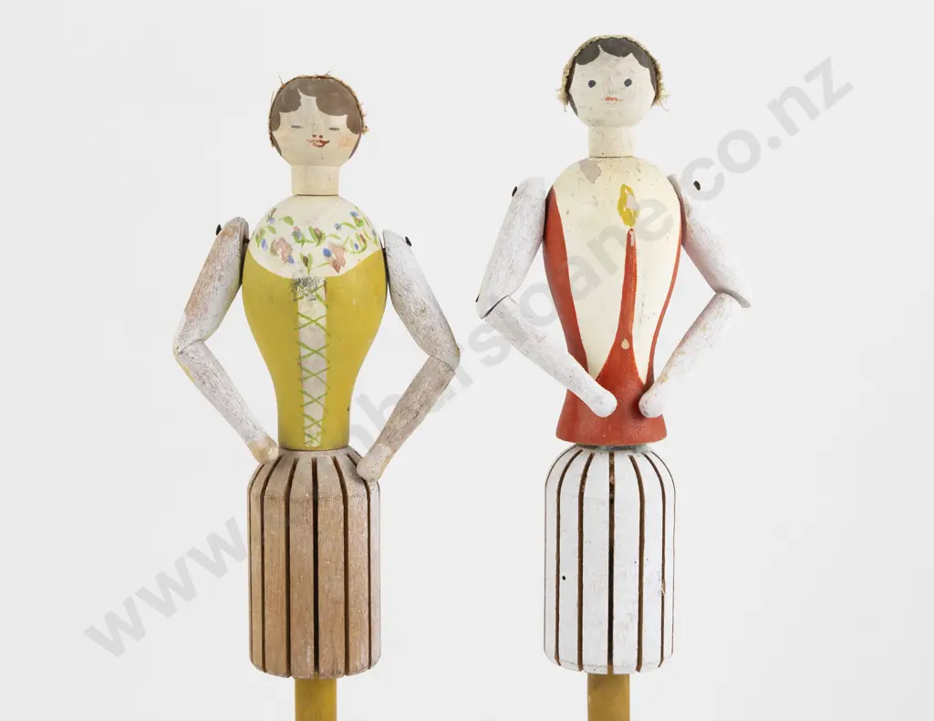 Two Wooden Fortune Telling Doll Stands and Set Blocks Image 1++