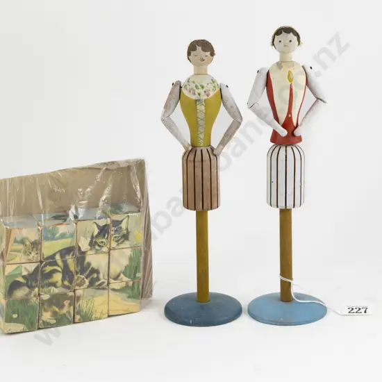 Two Wooden Fortune Telling Doll Stands and Set Blocks