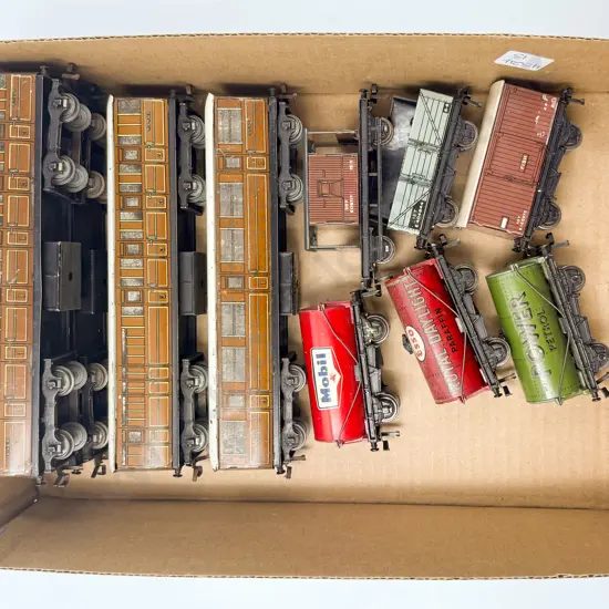 Hornby Dublo Four Tin Plate Teak Coaches and Six Various Rolling Stock Wagons