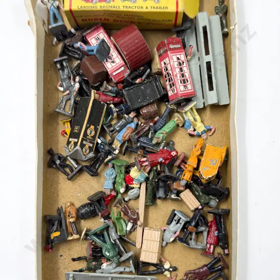 Collection Mainly Hornby Dublo Station Figures and Accessories with Boxed Tractor and Trailer