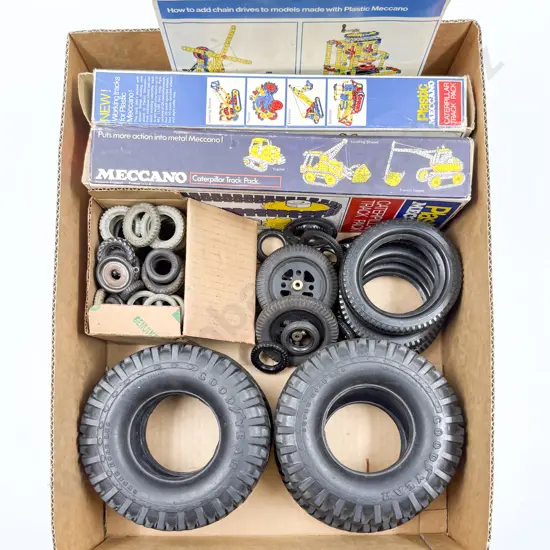 Meccano Qty Various Vehicle Rubber Wheels and Fittings with Flexible Track Pack x2
