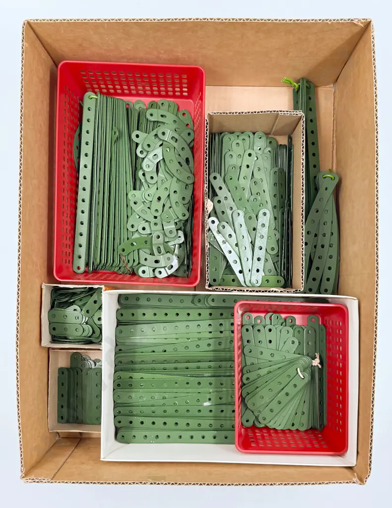 Meccano Qty Restored Green Shorter Length Straight and Curved Perforated Strips (6.5kgs) Image 1++