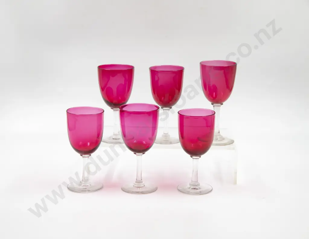 Six Victorian Cranberry Bowled Wine Glasses Image 1++