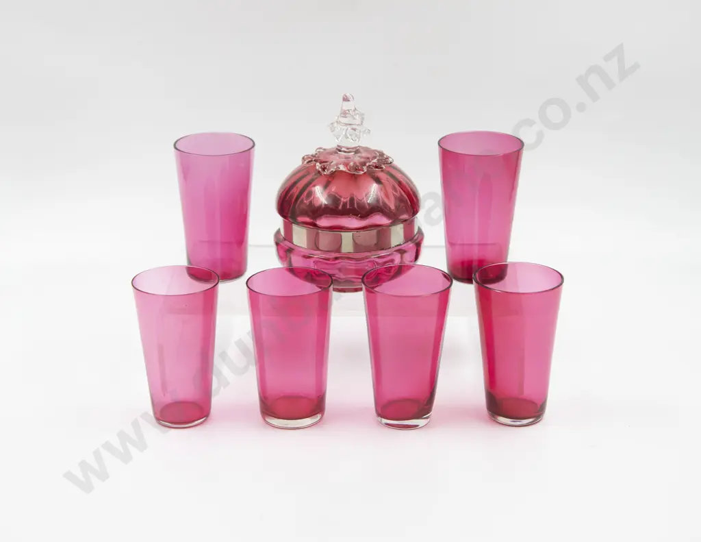 Six Victorian Cranberry Glass Tumblers & Powder Bowl Image 1++
