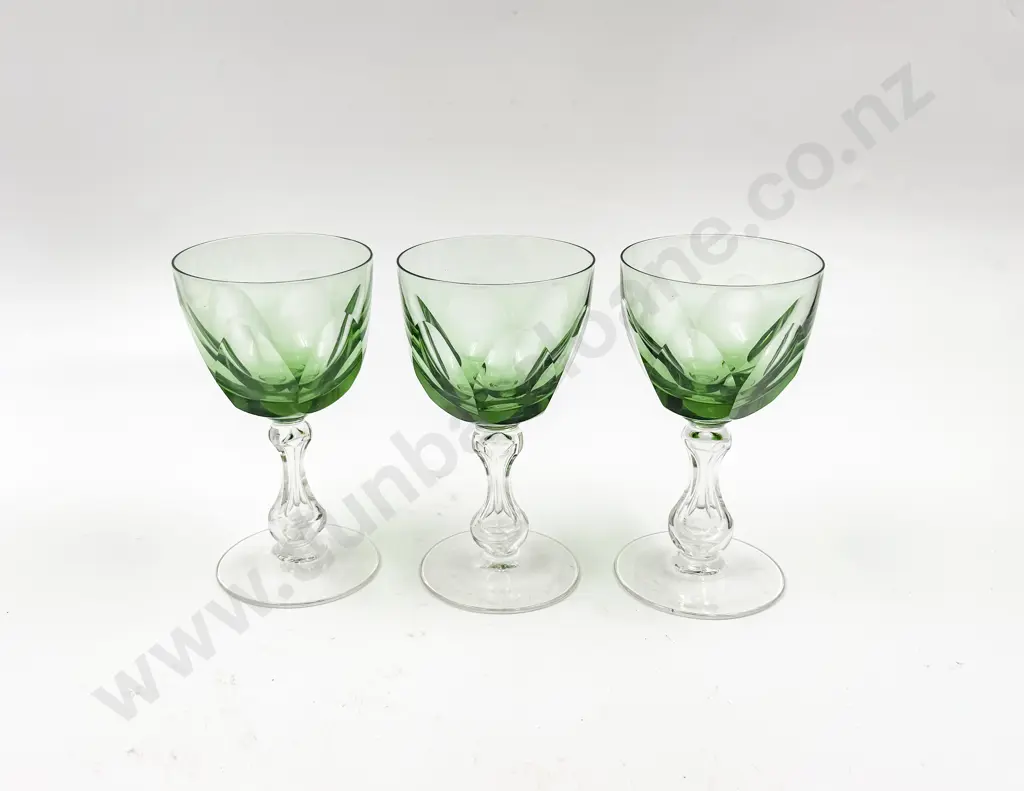 Three Tinted Emerald Green Bowled Wine Goblets on Hollow Baluster Stems Image 1++