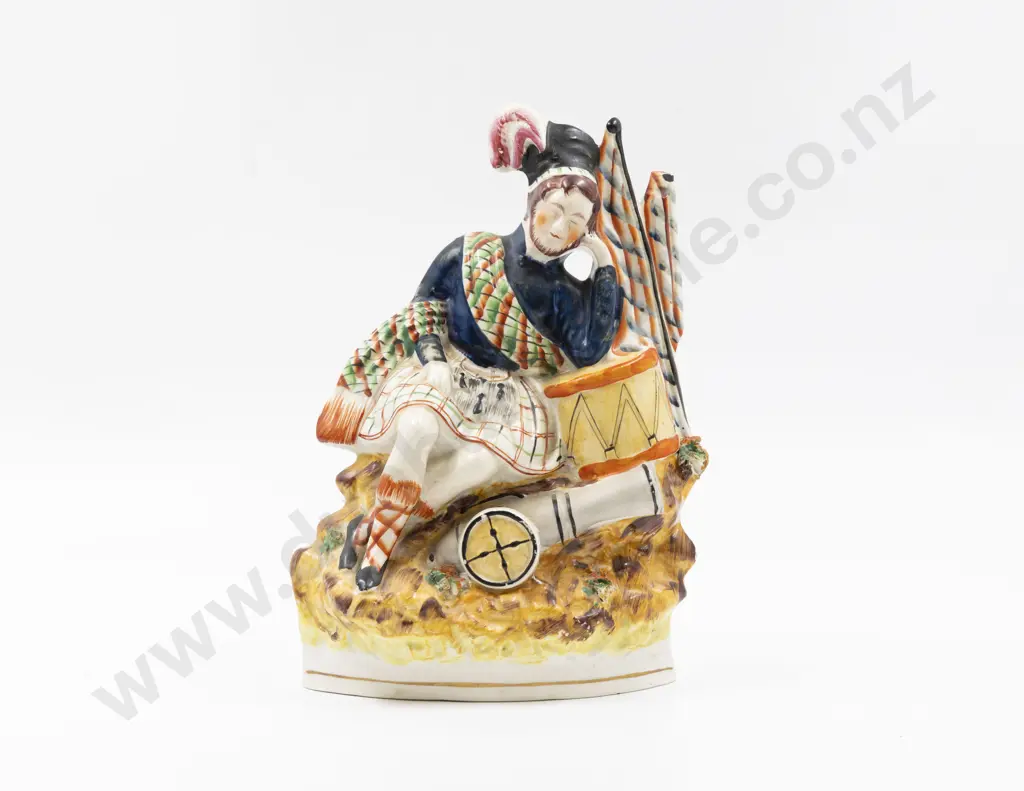 Victorian Staffordshire Figure Group of Highland Warrior with Cannon & Drum Image 1++