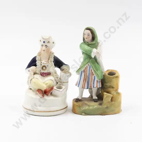 Two Victorian Staffordshire Small Figure Groups of Seated Turk & Young Maiden