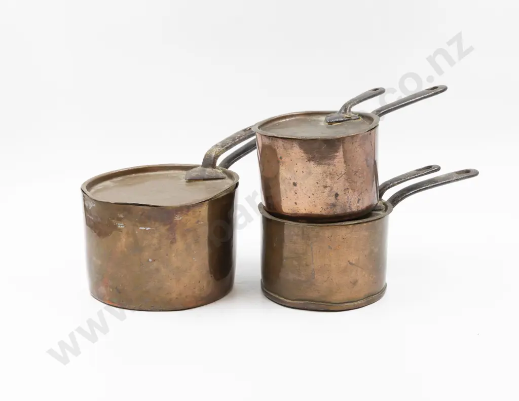 Three Victorian Copper & Iron Covered Saucepans Image 1++