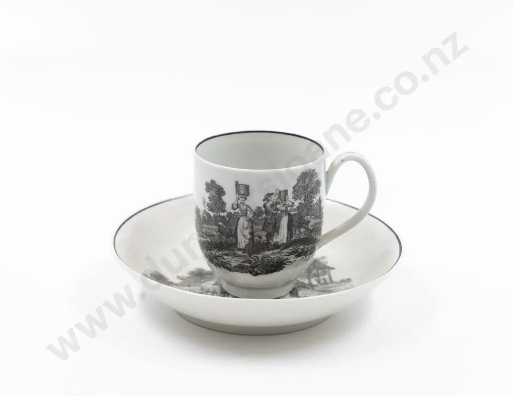 Late C18th Possible First Period Worcester Tea Cup & Saucer Bat Printed Image 1++