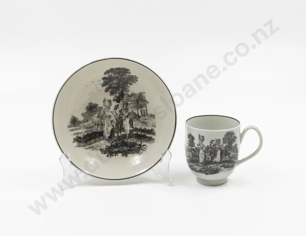 Late C18th Possible First Period Worcester Tea Cup & Saucer Bat Printed Image 1++