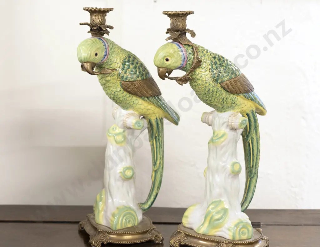 Pair Reproduction Meissen Parrots with Gilt Metal Candlestick Mounts Image 1++