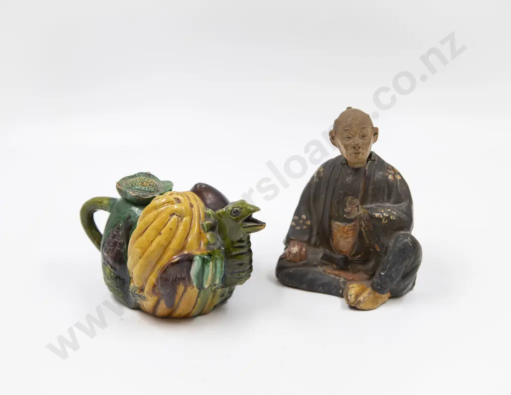 Antique Chinese Majolica Glaze Novelty Teapot & Figure Image 1++