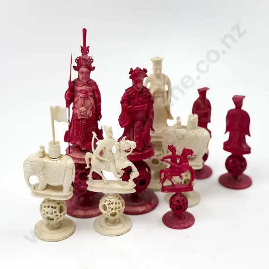 Late C19th Ivory Stained Red Chess Set