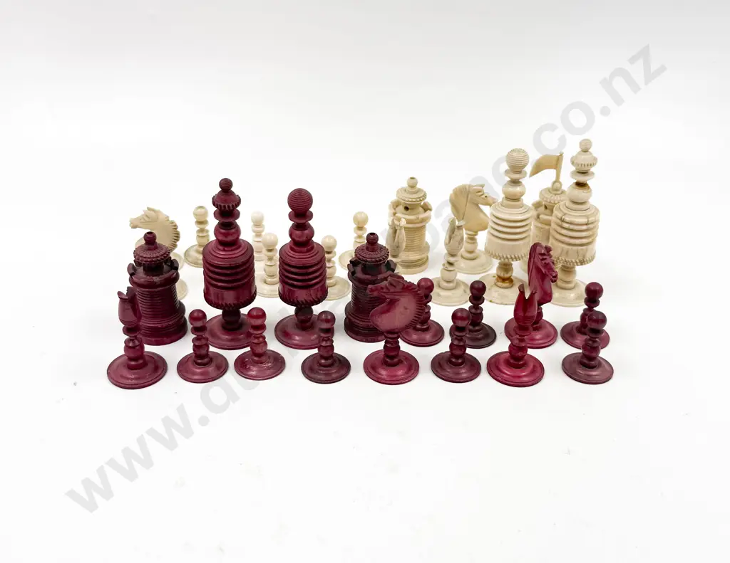 Late C19th Ivory Stained Red Chess Pieces (Incomplete) Image 1++
