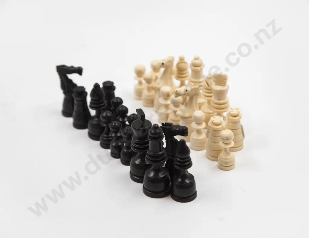 Vintage Natural and Stained Black Ivory and Chess Set Image 1++